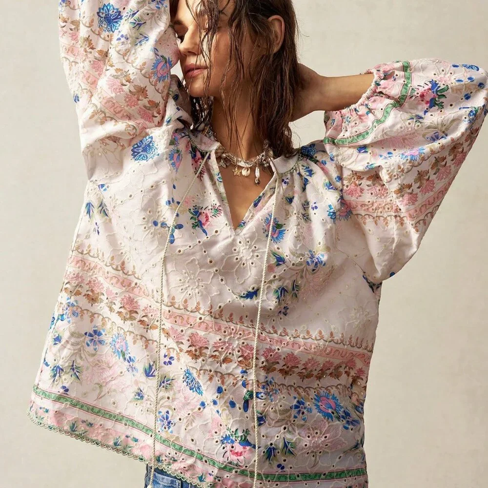 Boho Women's Plus Size Floral Print Hollow Out Embroidered Lantern Sleeve top - Picture 5 of 7